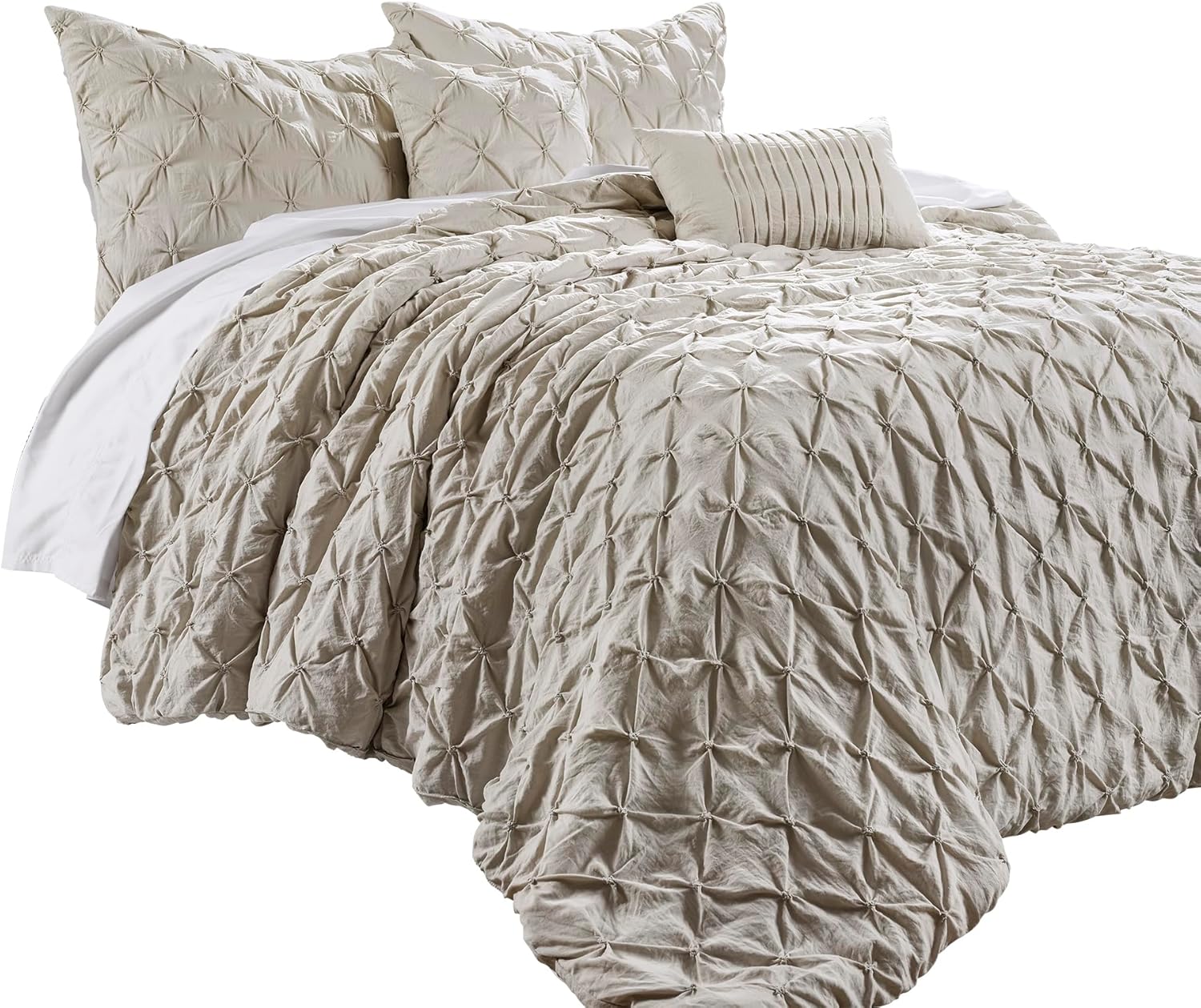 Lush Decor Ravello Pintuck Comforter Set - Luxe 5 Piece Textured Bedding Set - Traditional Glam & Farmhouse Inspired Bedroom Decor - Full/ Queen, Wheat