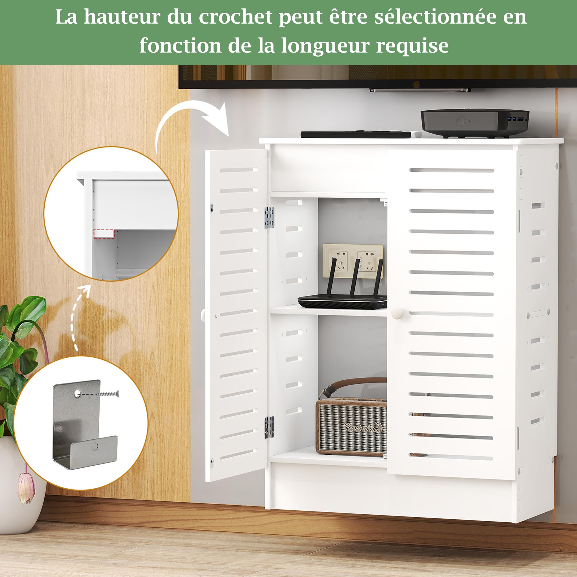 bimiti Armoire de Rangement pour Routeur Wi-FI, Armoire pour Routeur Bois | pour Salon, Rangement Câbles Électroniques, Équipements Multimédias, Montage au Sol Blanc 70x25x50cm 2 Niveaux