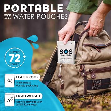 S.O.S Emergency Drinking Water 62 Packets (4.22 oz Each) 5-Year Shelf Life, Disaster Preparedness Supply, Portable Survival Water with Usage Tips Ideal for Home, Car, Hiking, Camping
