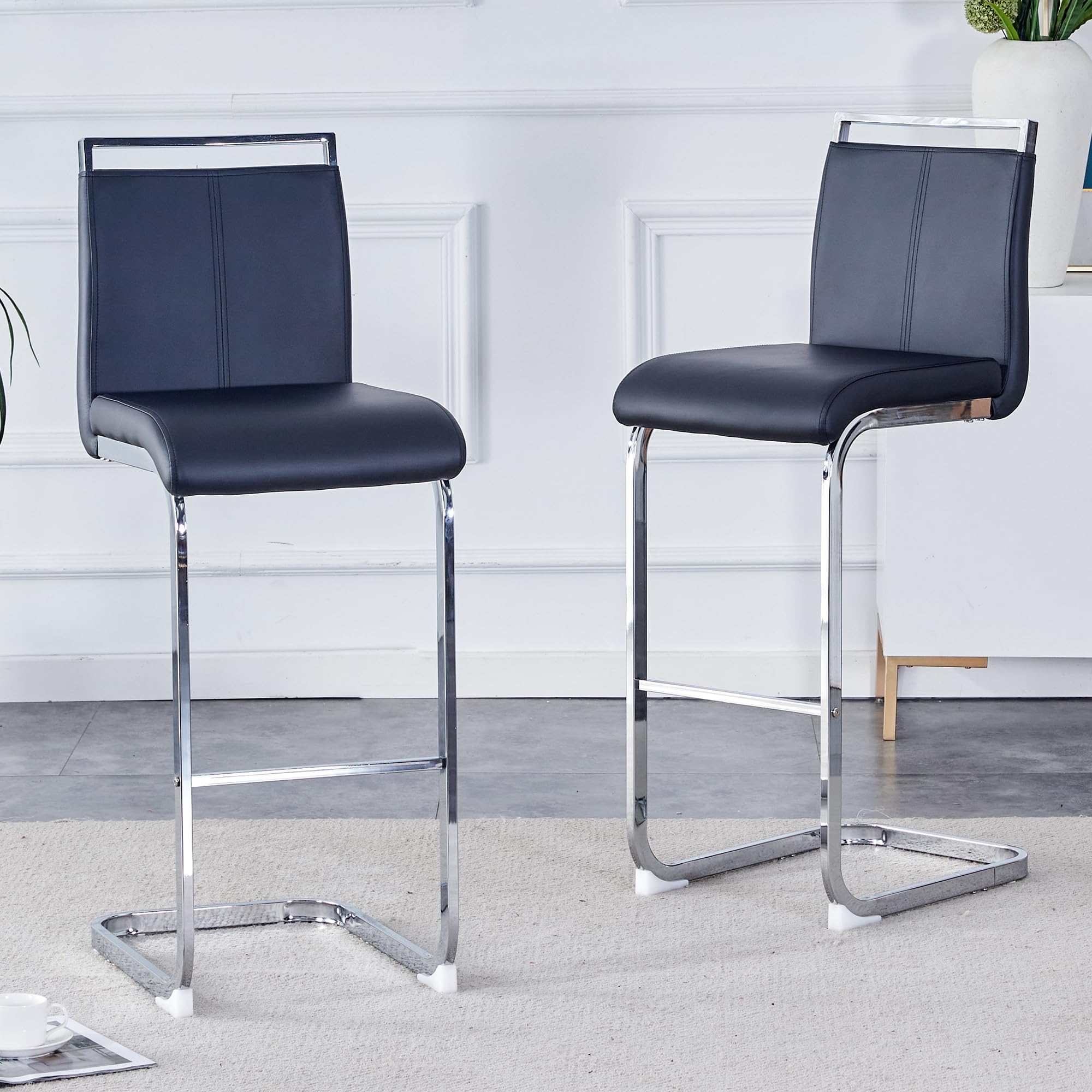 Modern Counter Height Bar Stools Set of 2, Black Faux Leather Upholstered Chairs with Back, Sturdy Silver Chrome-Plated Frame (30"H)