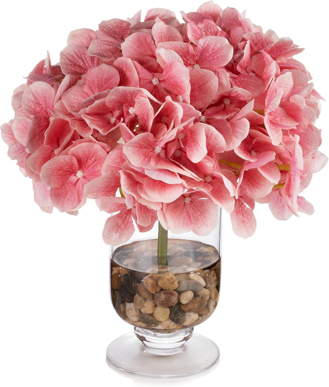 ENOVA FLORAL Real Touch Hydrangea Artificial Flowers in Glass Vase with Faux Water and River Stone,Silk Flower Arrangements in Vase for Home Decor, Wedding Table (Fushia)