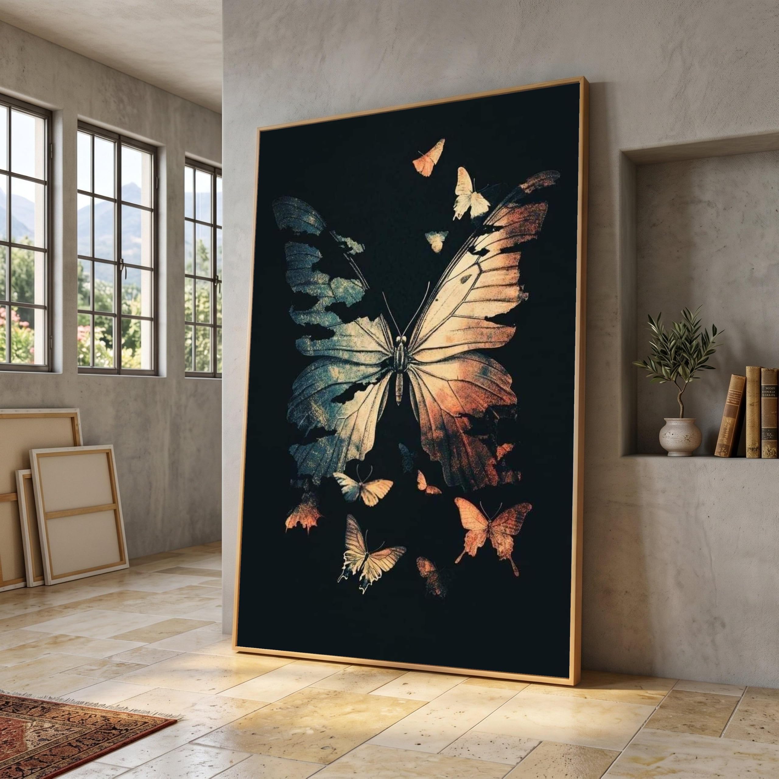 TONGYINLI Vintage Butterfly Cluster Painting Canvas Art, Rustic Silhouette Wall Decor Artwork, Butterfly Prints(70x110cm/Frameless)