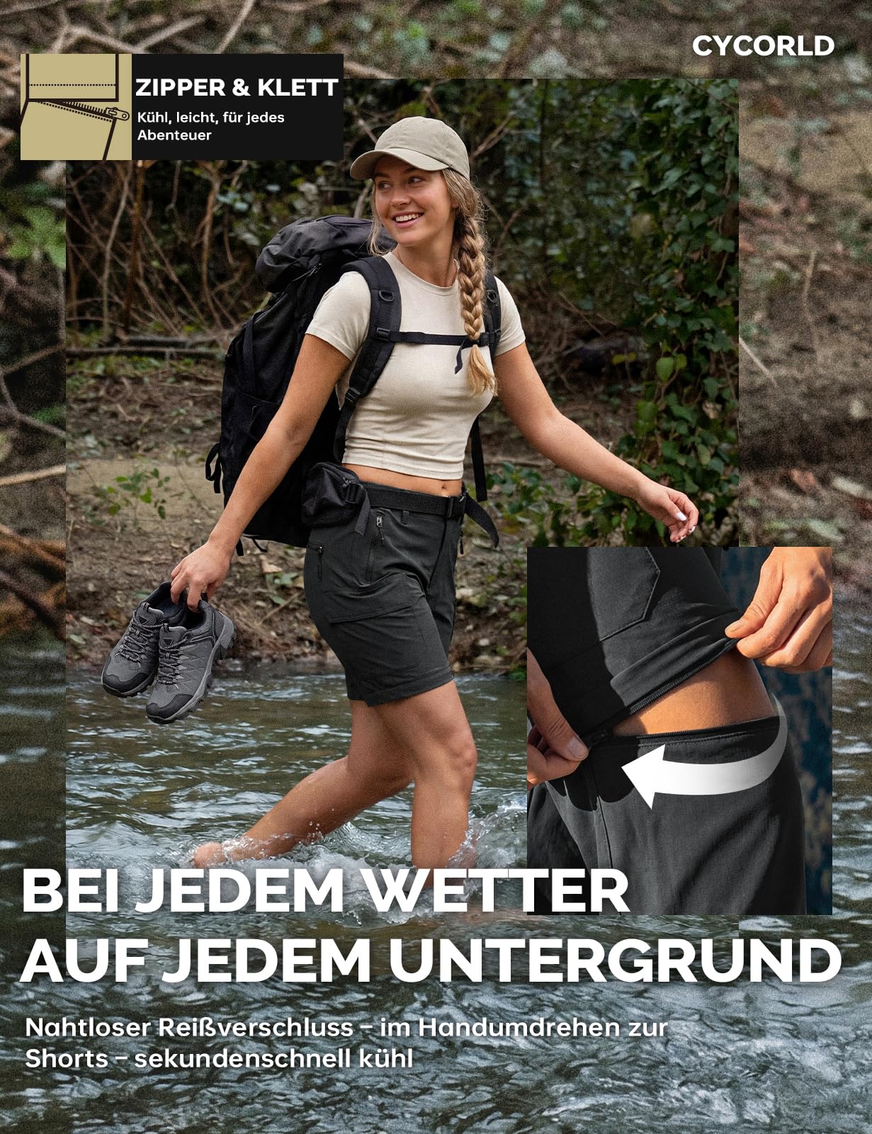 Cycorld Damen-Wanderhose-Zip-Off-Trekkinghose, Atmungsaktiv Wanderhose Damen Schnell Stretch Trekkinghose Abnehmbar Zip Off Outdoorhose Sommer Hiking Pants Funktionshose