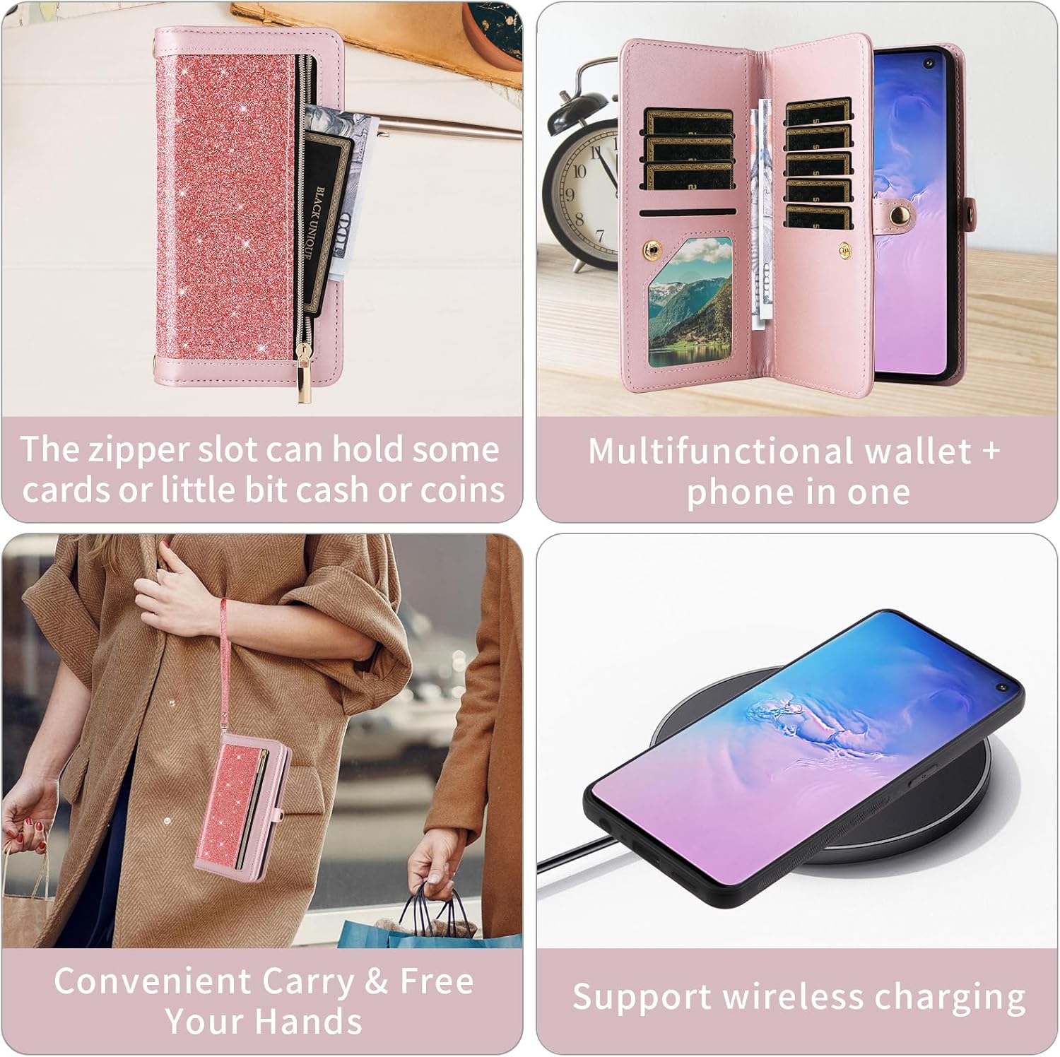 Asuwish Compatible with Samsung Galaxy S10 Wallet Case and Tempered Glass Screen Protector Glitter Leather Flip Cover Zipper Card Holder Stand Cell Phone Cases for S 10 Edge 10S GS10 X10 Women Pink