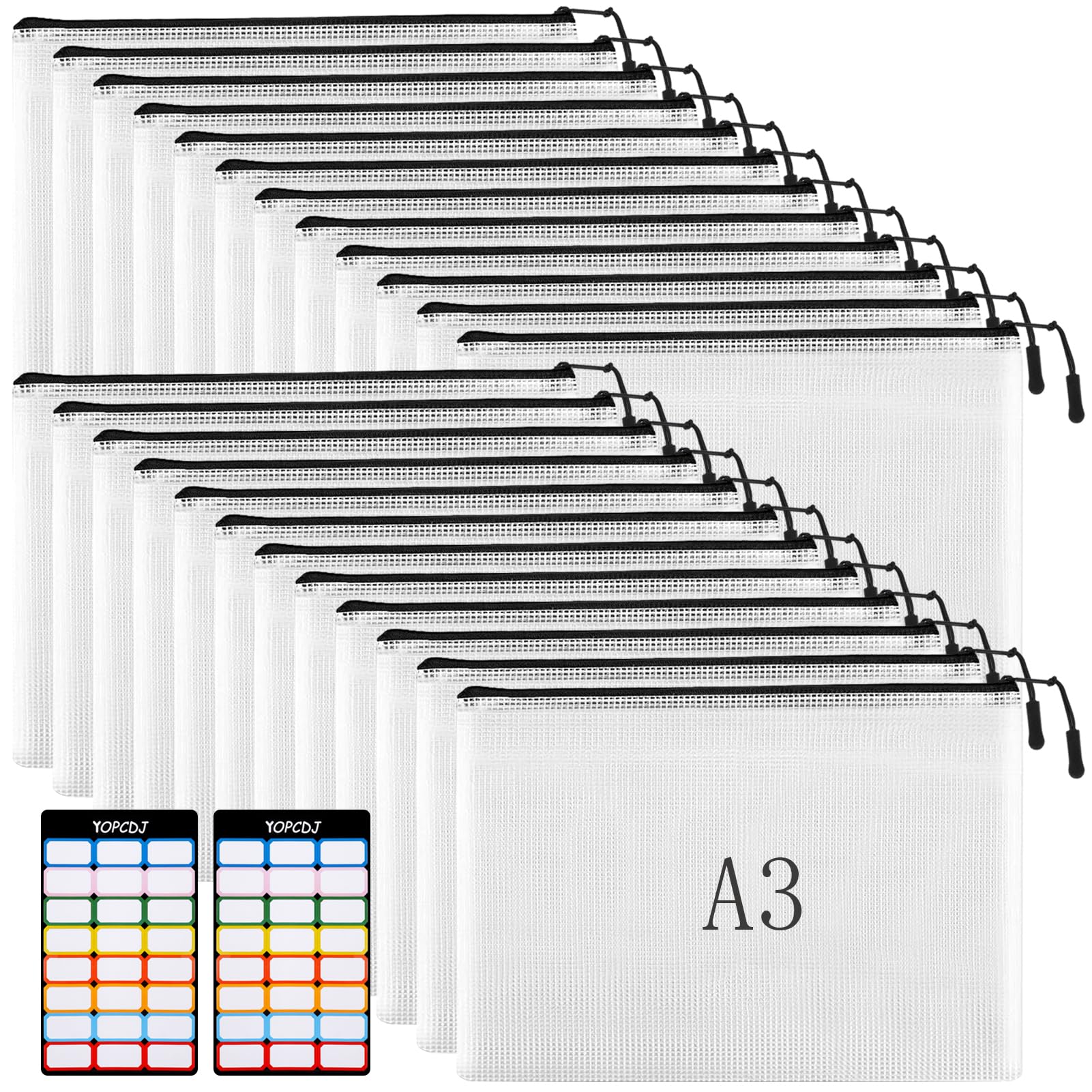 24pcs Mesh Zipper Pouches, A3 Size 17 x 12 inches Waterproof Black Zipper Bags, Water-Resistant Plastic Zipper Pouch for School Office Supplies,