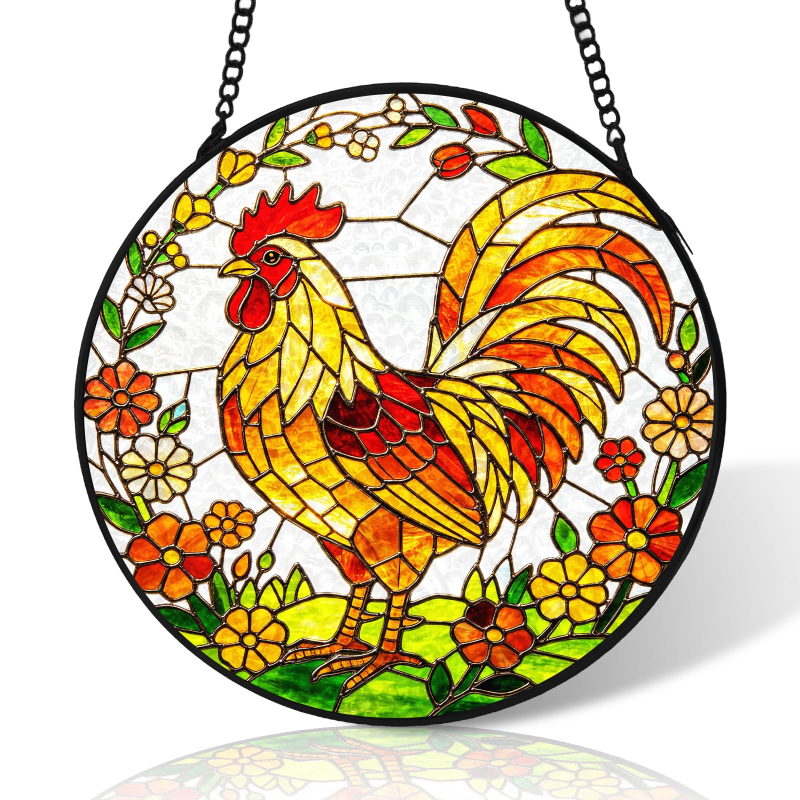 6 inch Rooster Flower Stained Glass Suncatcher Windows Hanging,Stained Glass Ornament Home Decor,Suncatchers for Windows Hanging,Birthday Gifts for Women,Lovers,Friend(Black)