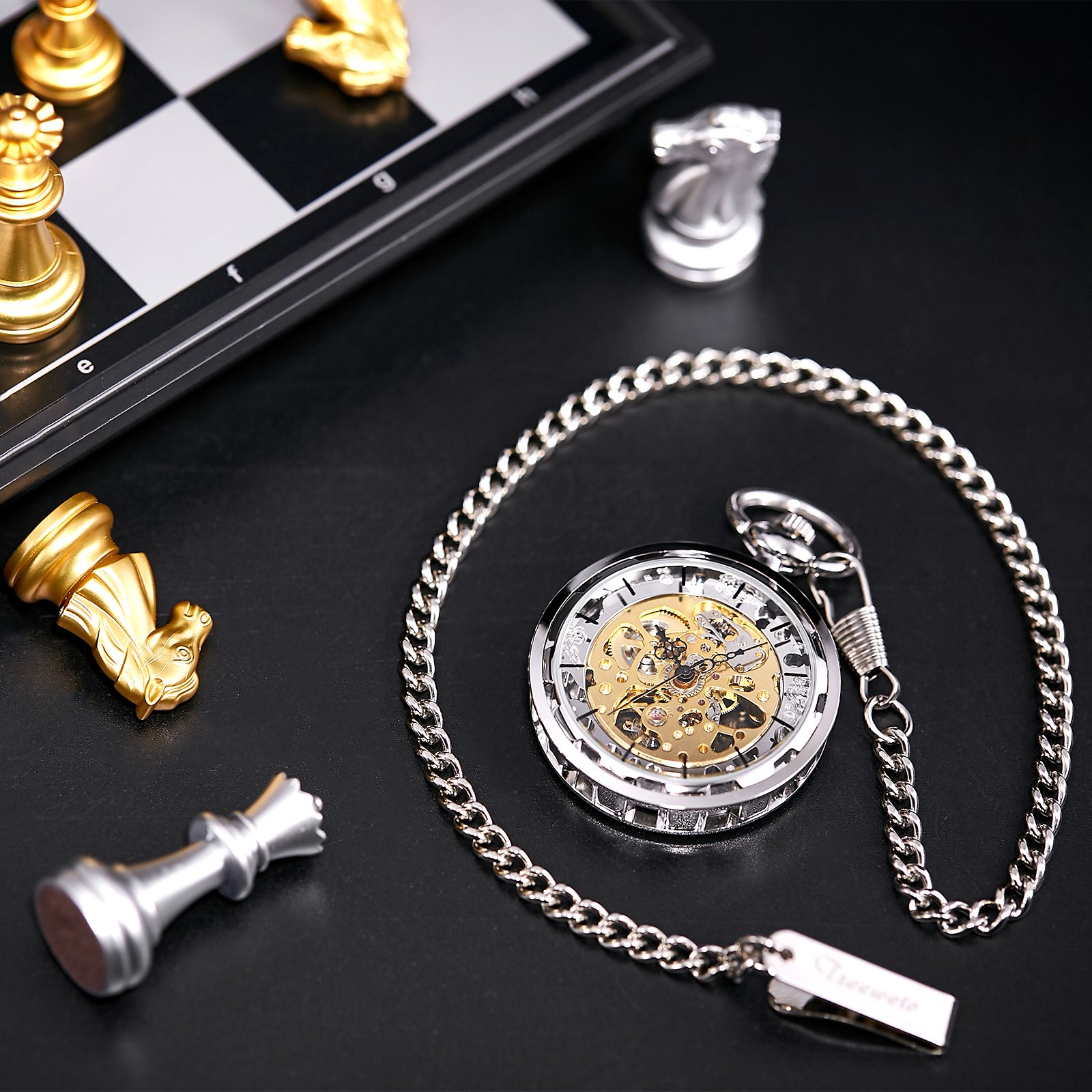 TREEWETO - Orologio scheletrato da uomo da tasca con catena, analogico, con carica manuale, movimento aperto