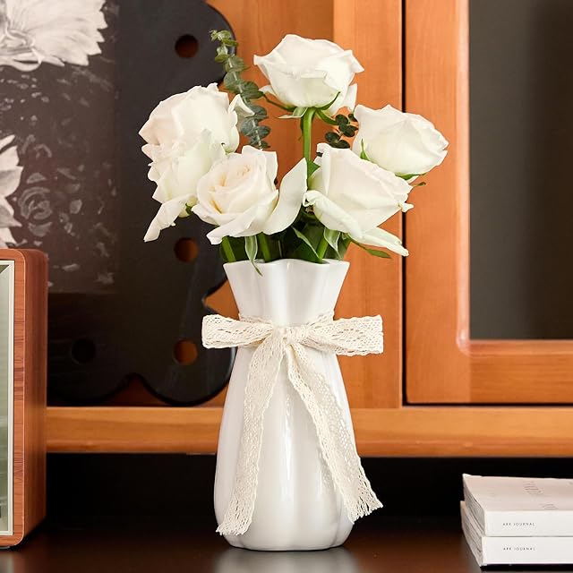 White Ceramic Flower Vase, 8'' Modern Decorative Vases Minimalism Boho Vases for Home Decor, White Vase for Table Centerpieces Living Room Office Wedding Farmhouse Decor