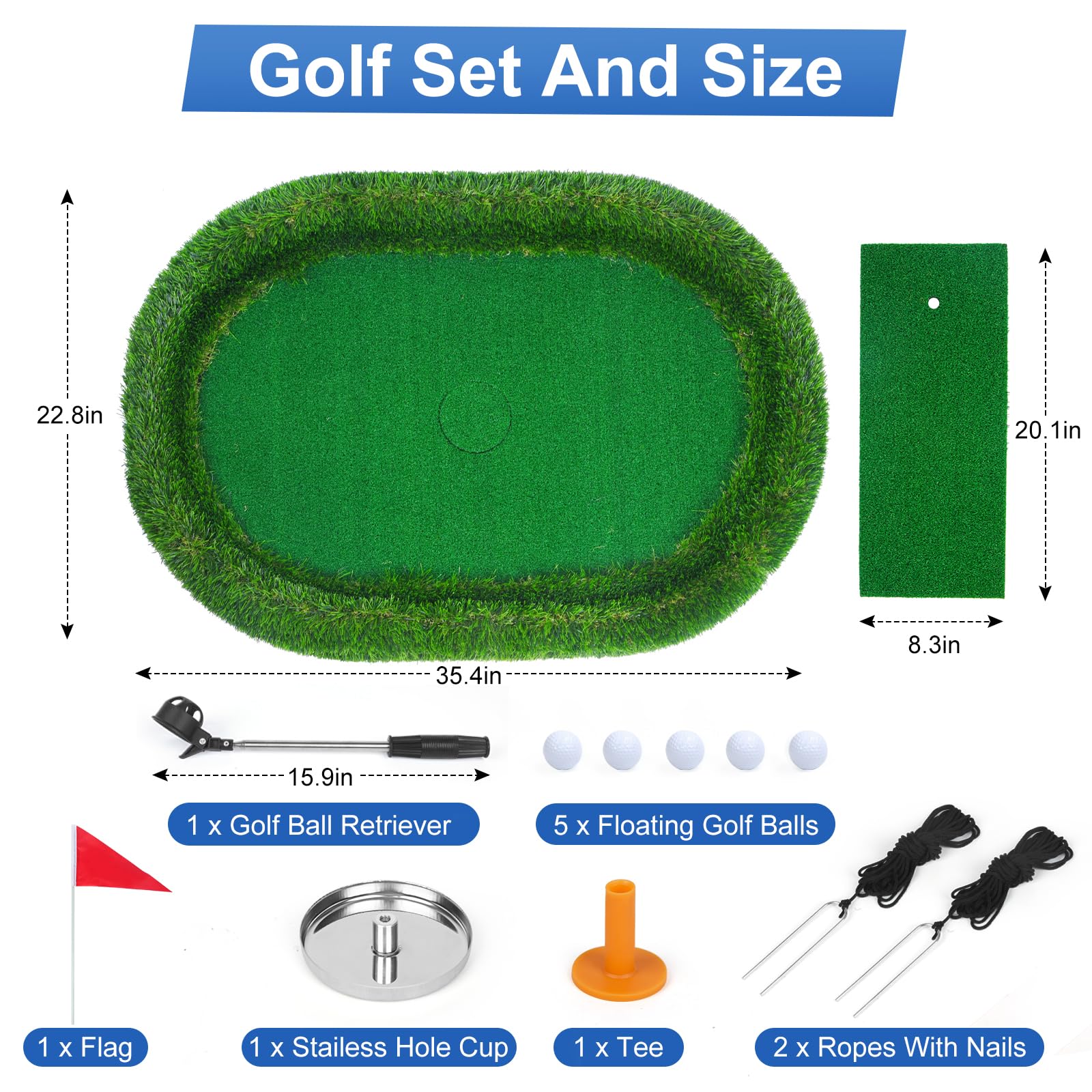 Schwimmendes Golf-Grün Für Pool – Mit Kunstrasen, EVA-Rückseite, Inkl. Schläger, Bälle & Zubehör, Faltbar