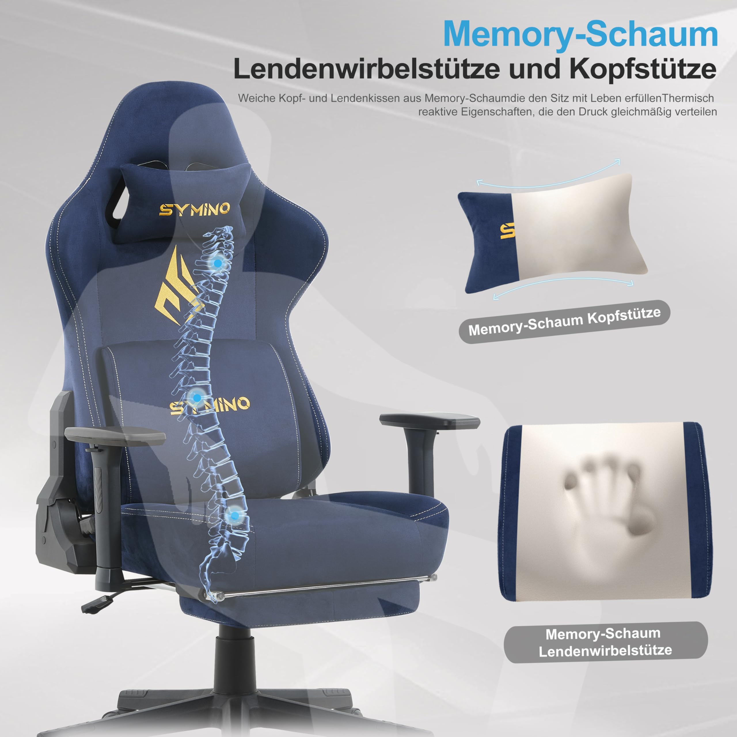 Symino Chaise Gamer XL, Siège Large Mousse+Latex, Support Lombaire & Tête, Inclinaison 175°, 300kg, Roues Silencieuses Incluses (Faux Daim, Bleu Foncé)