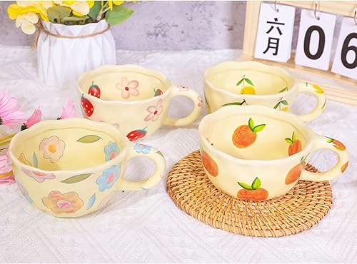 Miniatura 7 de 4 tazas de café de cerámica de 8.5 onzas, lindas tazas de café florales retro con asa y cuchara, taza de arte con leche irregular, regalo para el
