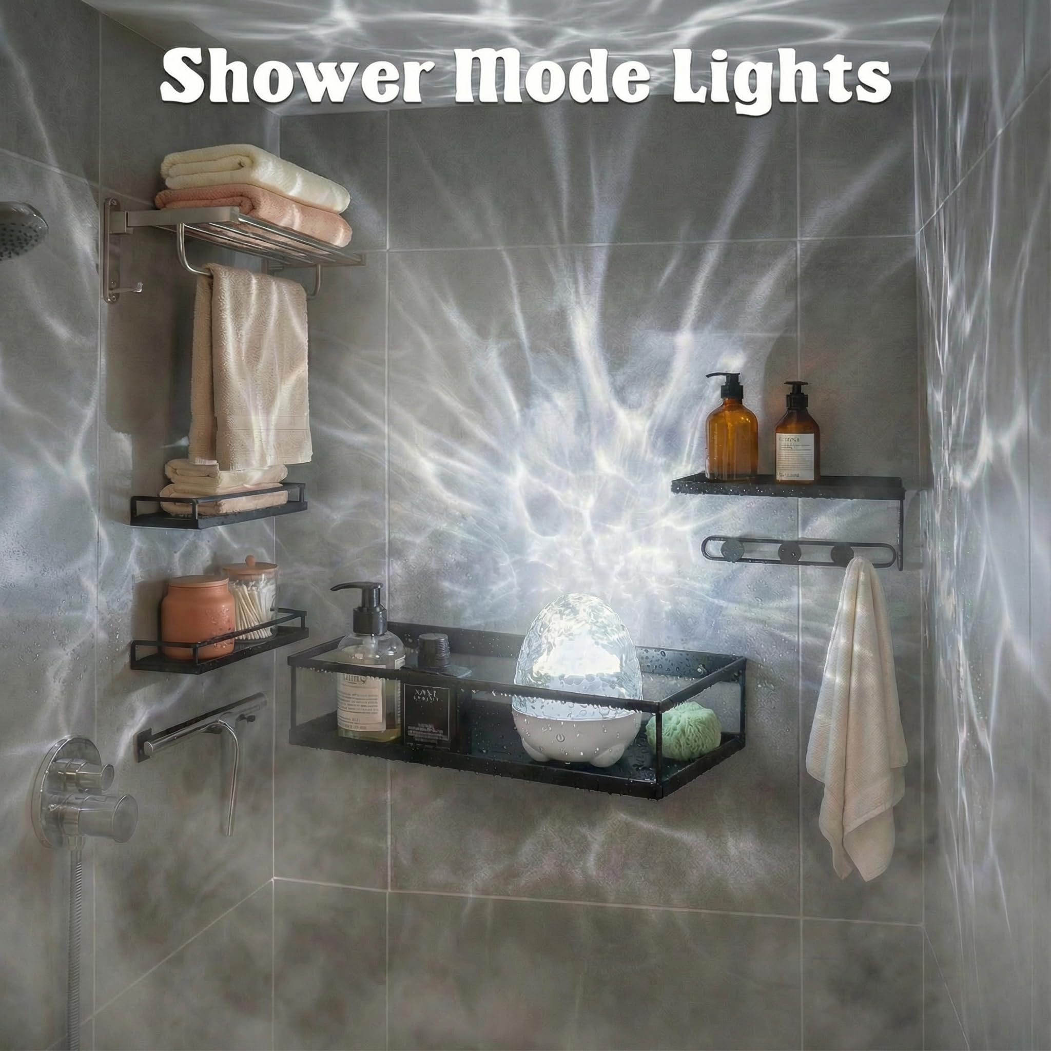 cambk Waterproof Shower Light for Inside Bathroom, Egg-Shape Rechargeable Kids Bath Light, RGBW 13 Color Changing Shower Lamp Ocean Wave Projector Mood Night Lighting