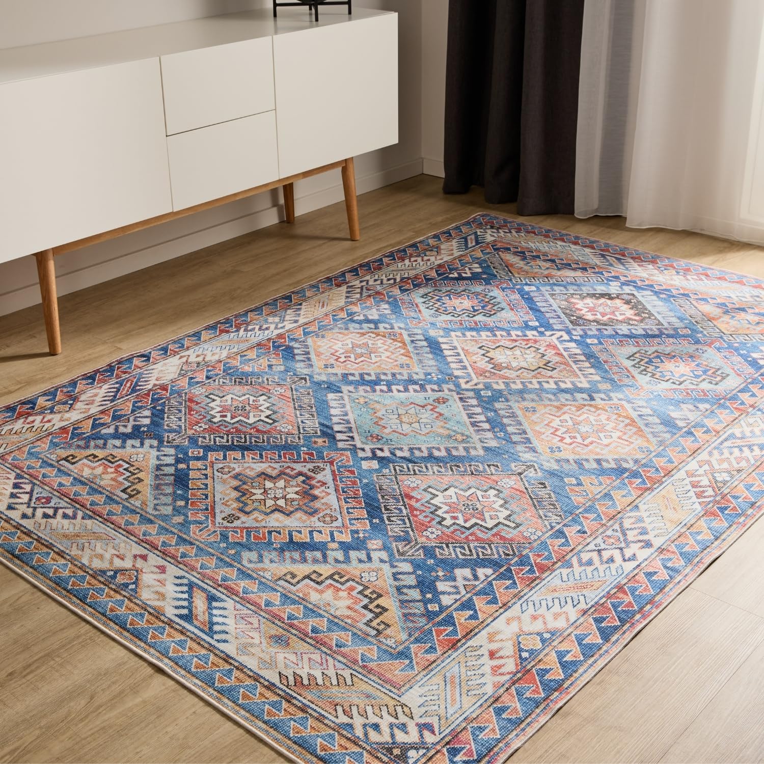 benuta Basic Tapis Salon George - Bleu 200x300 cm - Lavable - Rectangulaire Vintage, Élégant, Rétro pour Chambre, Couloir, Salle à Manger