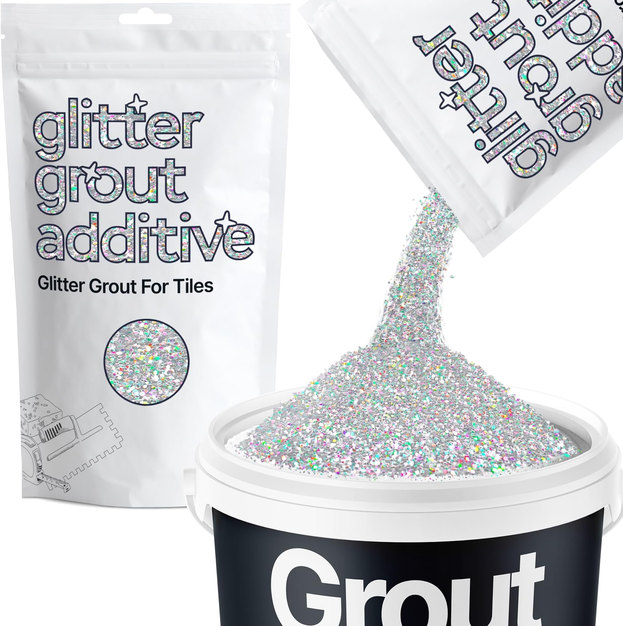 Hemway (Silver Holographic) Glitter Grout Tile Additive 100g for Tiles Bathroom Wet Room Kitchen | Easy to use - Add/Mix with Epoxy Resin or Cement Based Grout | Temperature Resistant