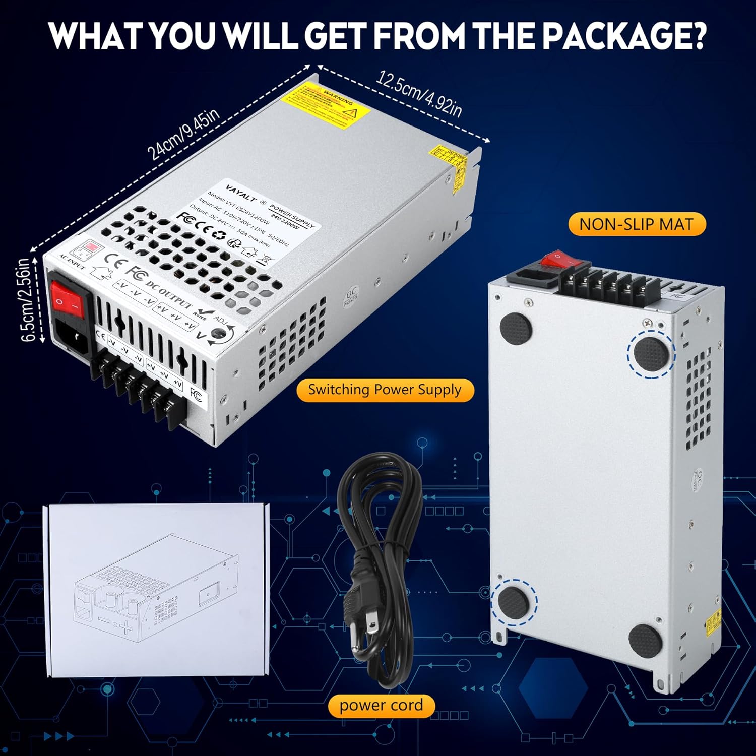 VAYALT 24V 50A 1200W DC Switching Power Supply, Universal Regulated Switching AC 110V/220V to DC 24V Transformer, 24V Power Supply for Industrial, CCTV, Computer Project, 3D Printer, LED Strip Light