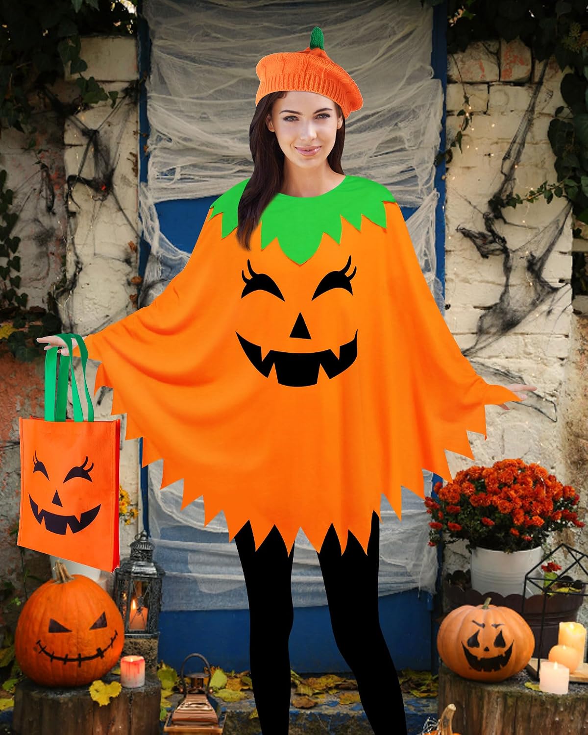 CONGRU 3 PCS Pumpkin Costume for Women Adults, Poncho With Beret and Candy Bag, Halloween Costume