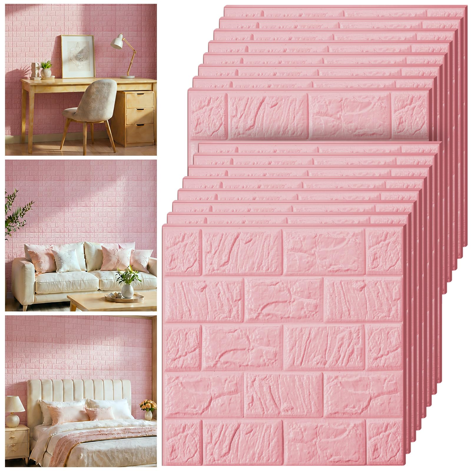 Tinlade 45 Pcs 3D Wall Panels Peel and Stick Wallpaper Foam, Elegant Pink