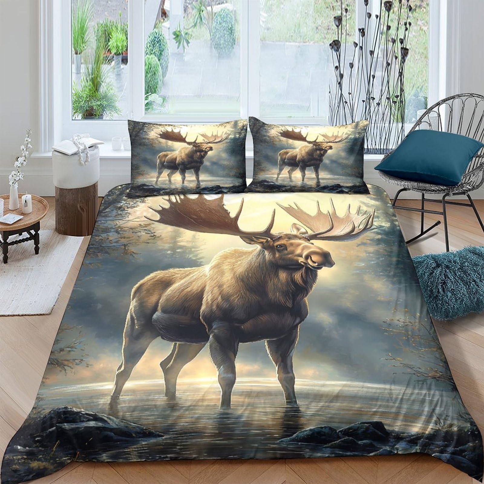 Ctjqhvkz Style-6 3D Printed Majestic Moose Fitted Sheet Microfiber Soft Anti-Slip Forest Bed Cover For Bedroom Guest Room Decoration Single（135X200cm）