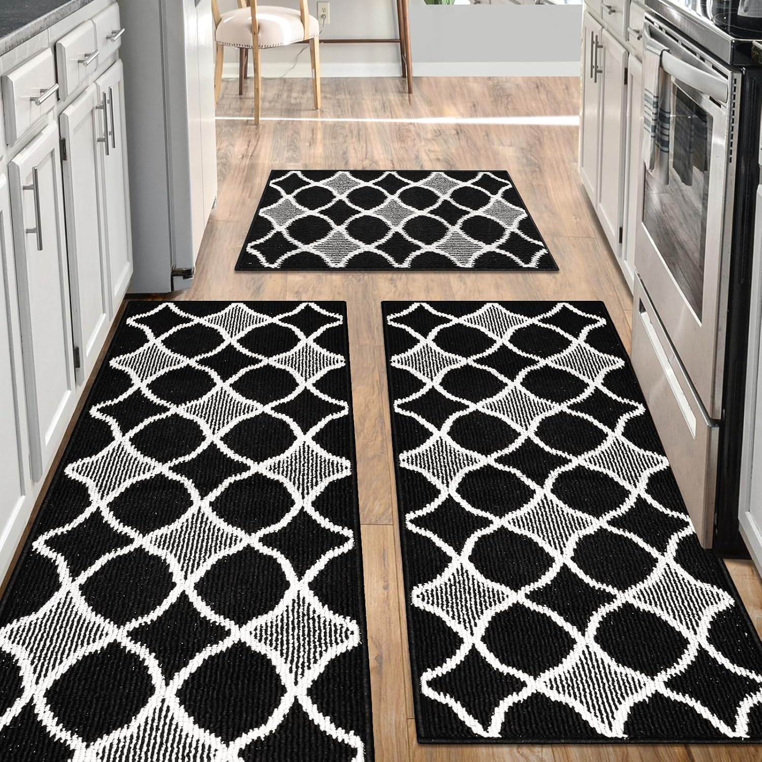 Kitchen Mats for Floor 3 Piece Set,Farmhouse Kitchen Runner Rugs Non Skid Washable,Soft Comfort Kitchen Mats for Floor Sets,Kitchen Area Rug Floor Mat for Bathroom Entryway Indoor Door(Black)