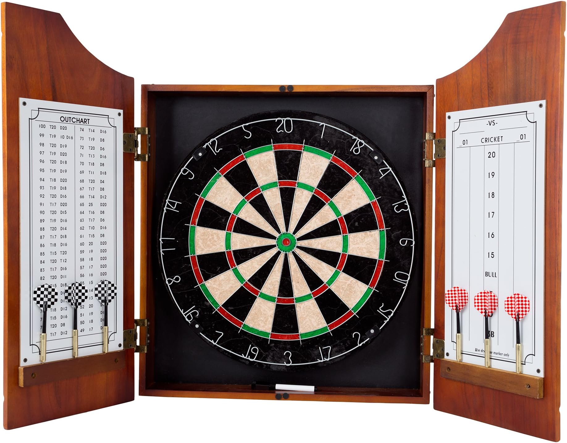Dart Board Cabinet Set - Beveled Pine Wood Cabinet with Official Sisal Fiber Board, 6 Steel-Tipped Darts, and Dry Erase Scoreboard by Trademark Games
