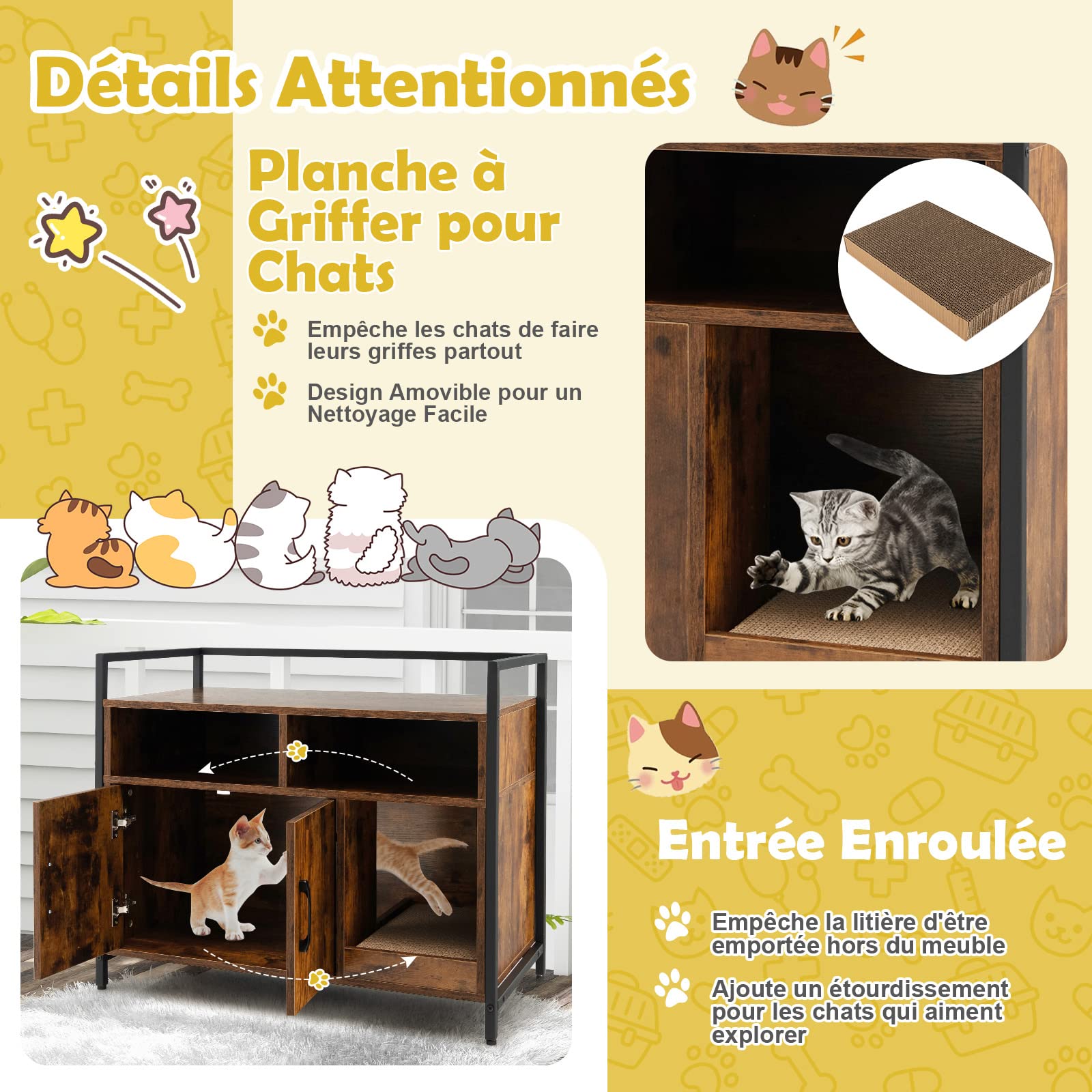 GYMAX Meuble Cache Litière Chat Grand en Bois, avec Griffoir Détachable, Maison de Toilette avec 2 Étagères Rangement Ouvertes, Maison Bon Ventilation et Anti-basculement pour Chat(Café)