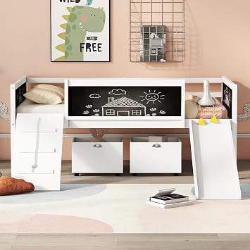 CITYLIGHT Low Loft Bed Twin Size with Slide & Climbing Frame & 2 Storage Boxes & Chalkboard,Kids Wood Loft Bed Frame with Guardrails and Under-Bed Play Area,Space Saving,No Box Spring Needed,White
