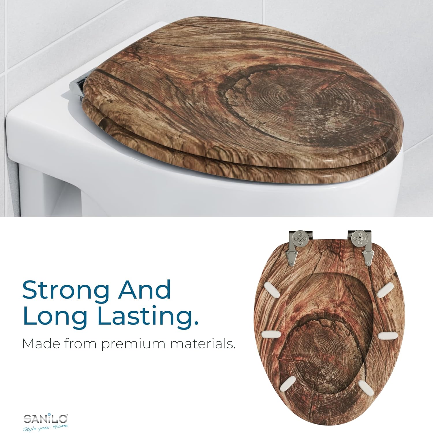 SANILO Wooden Toilet Seat with Soft Close [ELONGATED] - Decorative, Quiet & Slow Close Molded Wood Seat - With Strong Bumpers & Hinges - Adjustable Fit - Rustic
