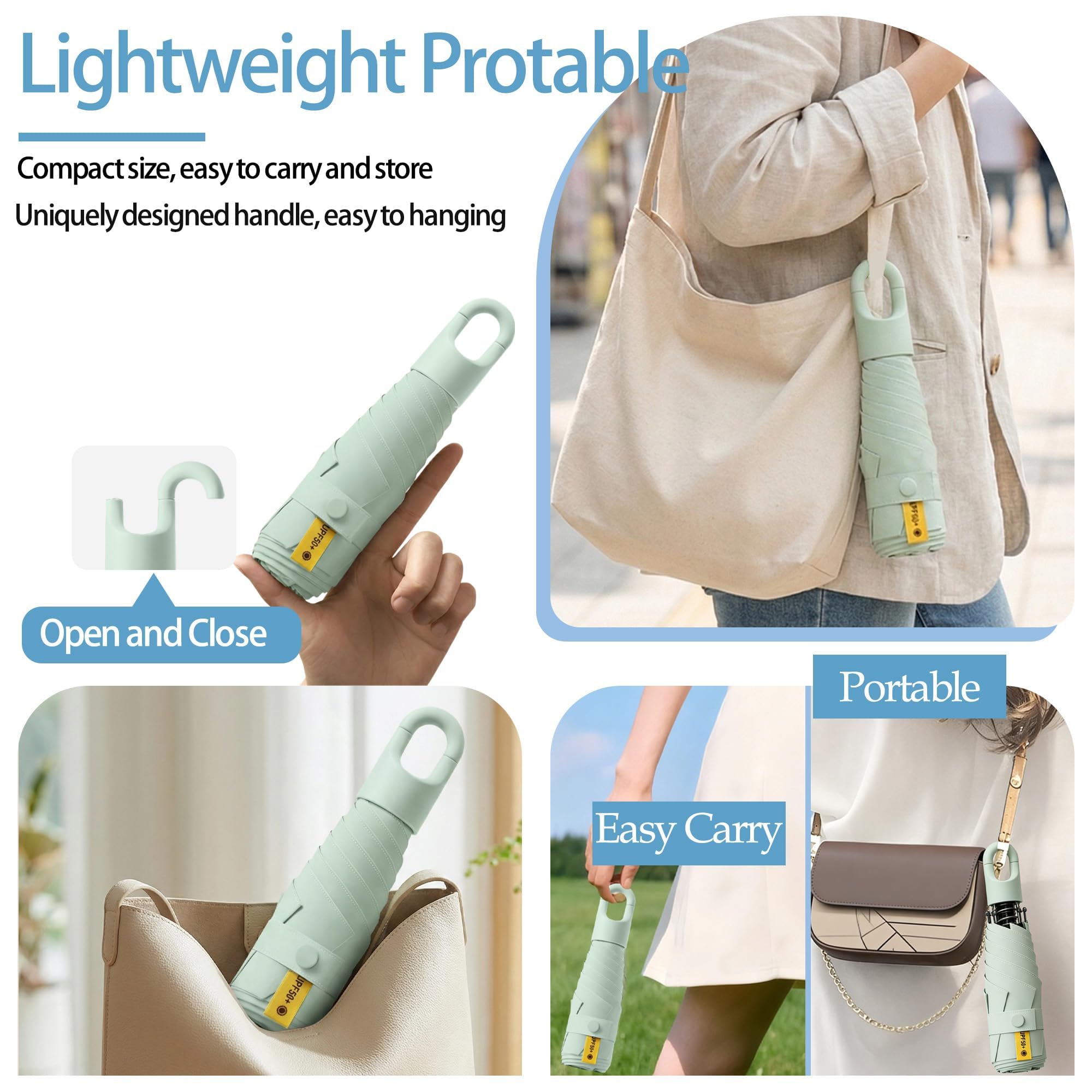 Paraguas Plegable Compacto para Viajar,Gire la Manija de Apertura y Cierre,Protección UV,UPF 50+,Recubrimiento de Teflón,6 Varillas,Mujeres y Niños,Mochila/Coche,Sombrilla Portátil,Lluvia y Sol