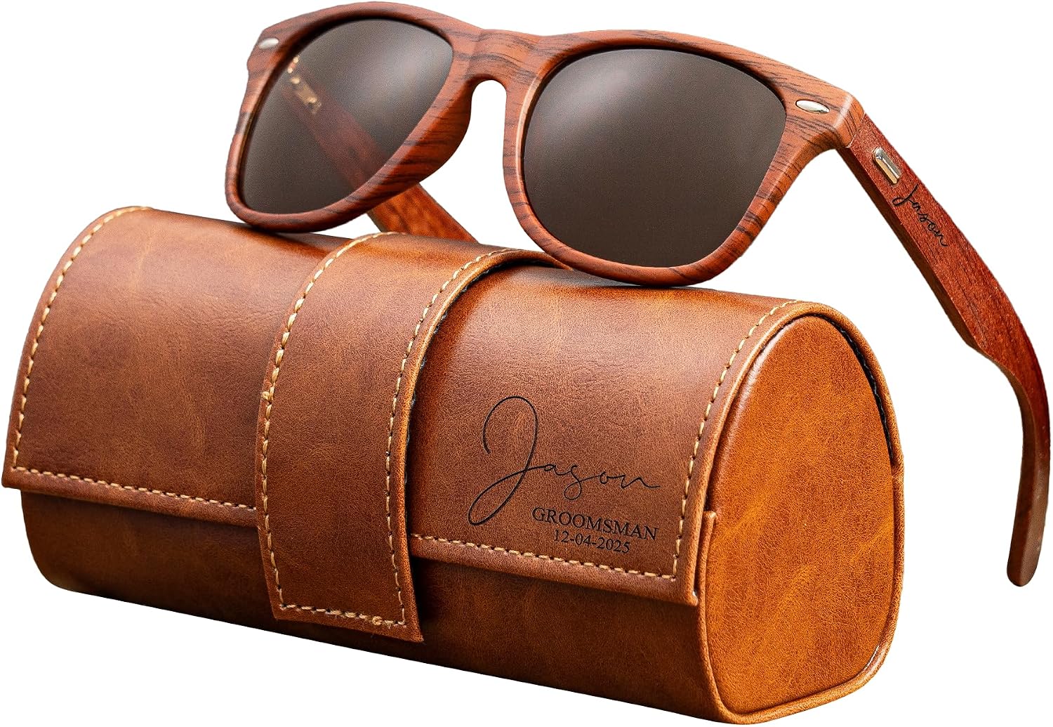 Personalized Wooden Sunglasses with Leather Case,Dark Polarized Lenses,Suitable for Both Men and Women,Bridesmaid Gift,Men's Gift,Gift for Her,Wedding Gift