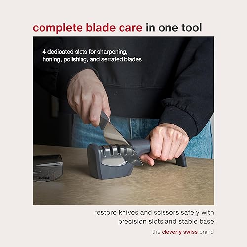 Miniatura 4 de Zyliss Afilador de cuchillos  Herramienta de mano con ranuras para tijeras, cuchillos dentados y cuchillas rectas  Afilar, afilar y pulir cuchillas