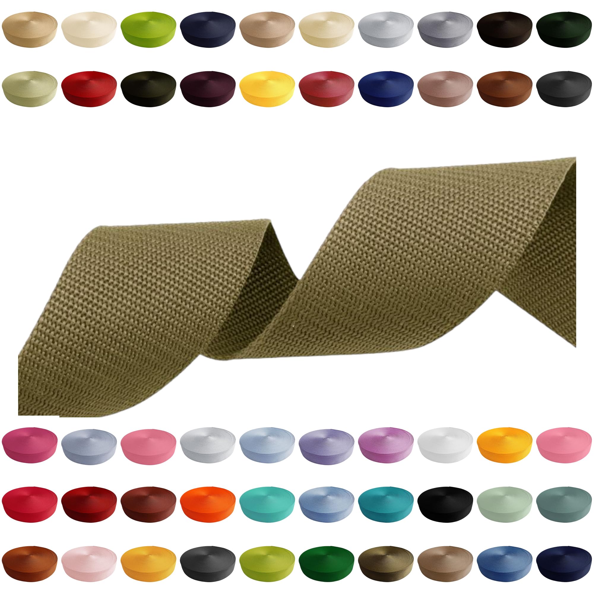 Webbing 2 m 5 m 10 m 50 m, 50 m, 50 m, width 10 mm, 15 mm, 20 mm, 25 mm, 30 mm, 40 mm, 50 mm, bag strap, polypropylene, ideal for DIY projects, crafts (888) olive green, 50 mm x 2 m