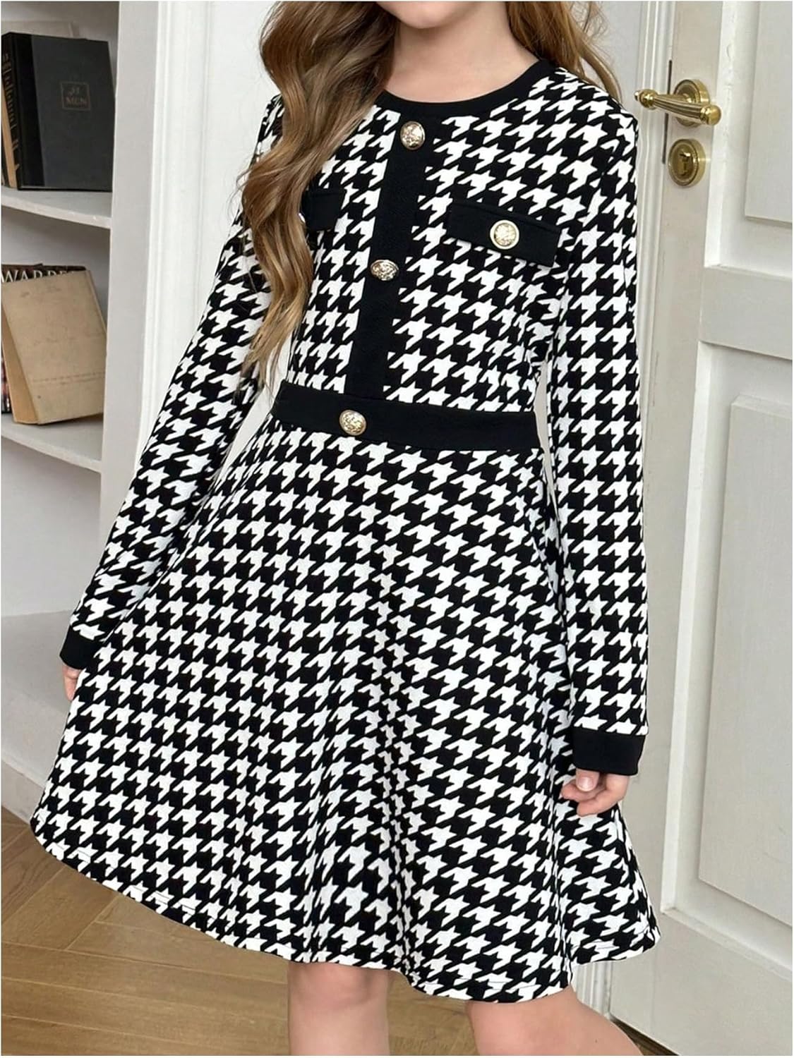 SweatyRocks Girl's Houndstooth Print A Line Dress Crewneck Long Sleeve Button Front Short Dresses - Image 3