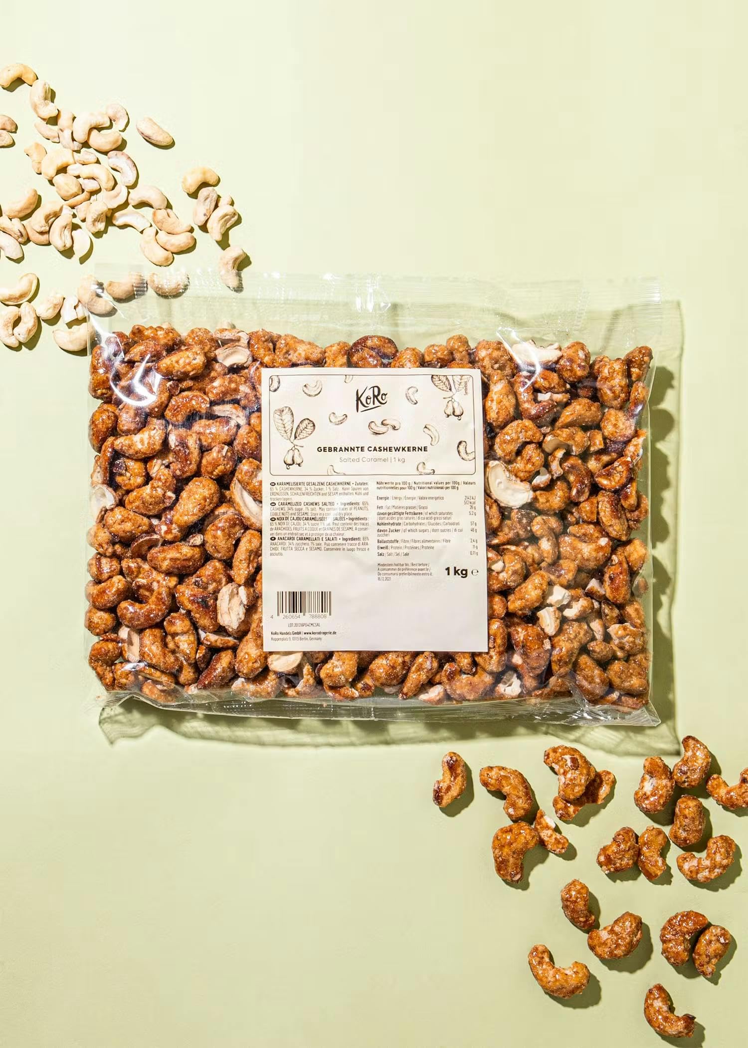 KoRo - Gebrannte Cashewkerne Salted Caramel 1 kg - Zarte ganze Cashews - Feiner Salz-Karamell Geschmack - Praktische Vorteilspackung