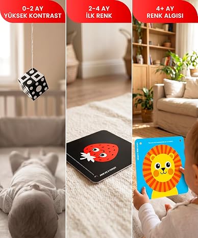 İlk Keşiflerim Görsel Gelişim Rehberi | 3 Dönem Bebek Zeka Kartları + Montessori Mobil | 0-12 Ay | Bebek Zeka Kartı | Tummy Time