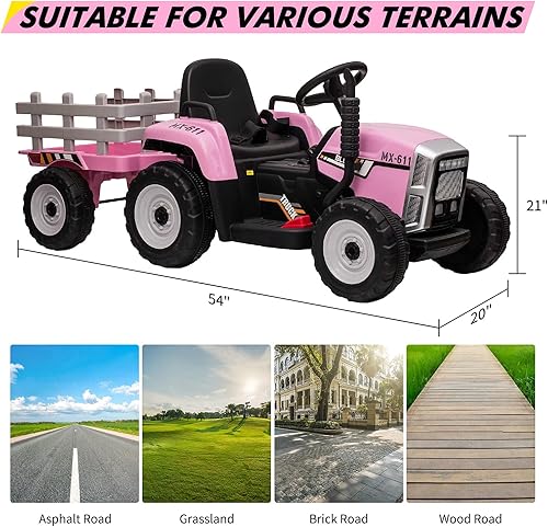 Miniatura 9 de Carril de paseo para niños de 12 V, tractor eléctrico a batería con remolque, neumáticos con doble motor de 25 WRC, 7 luces LED, audio MP3 rojo