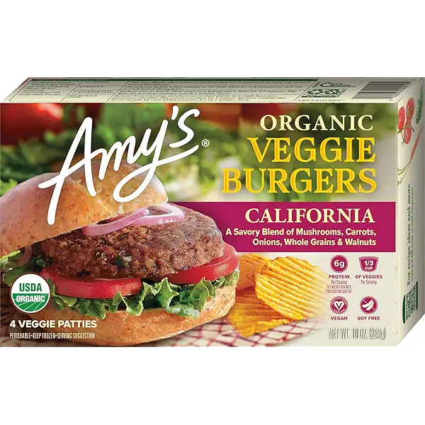 Amy's Frozen Meals, Vegan and Dairy Free Veggie Burger, USDA Organic, 10 oz. (4 Pack) 1
