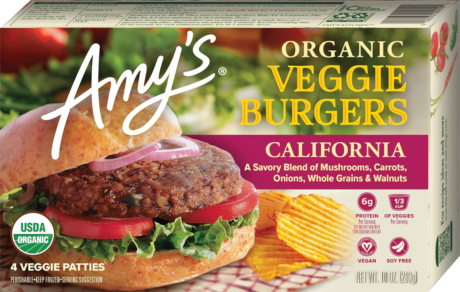 Amy's Organic Vegan Veggie Burger Patties, Soy-Free Dairy-Free Frozen, USDA Organic 10oz 4-Pack