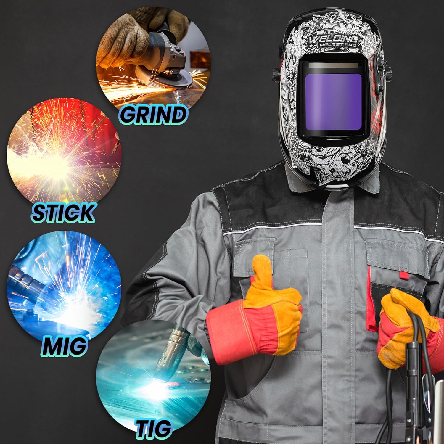Large View Welding Helmet Auto Darkening True Color Solar Powered Hood with Adjustable Wide Shade Range 4/5-9/9-13 for Mig Tig Cut 4 Arc Sensor JRP070 Welder Mask (Punishment)