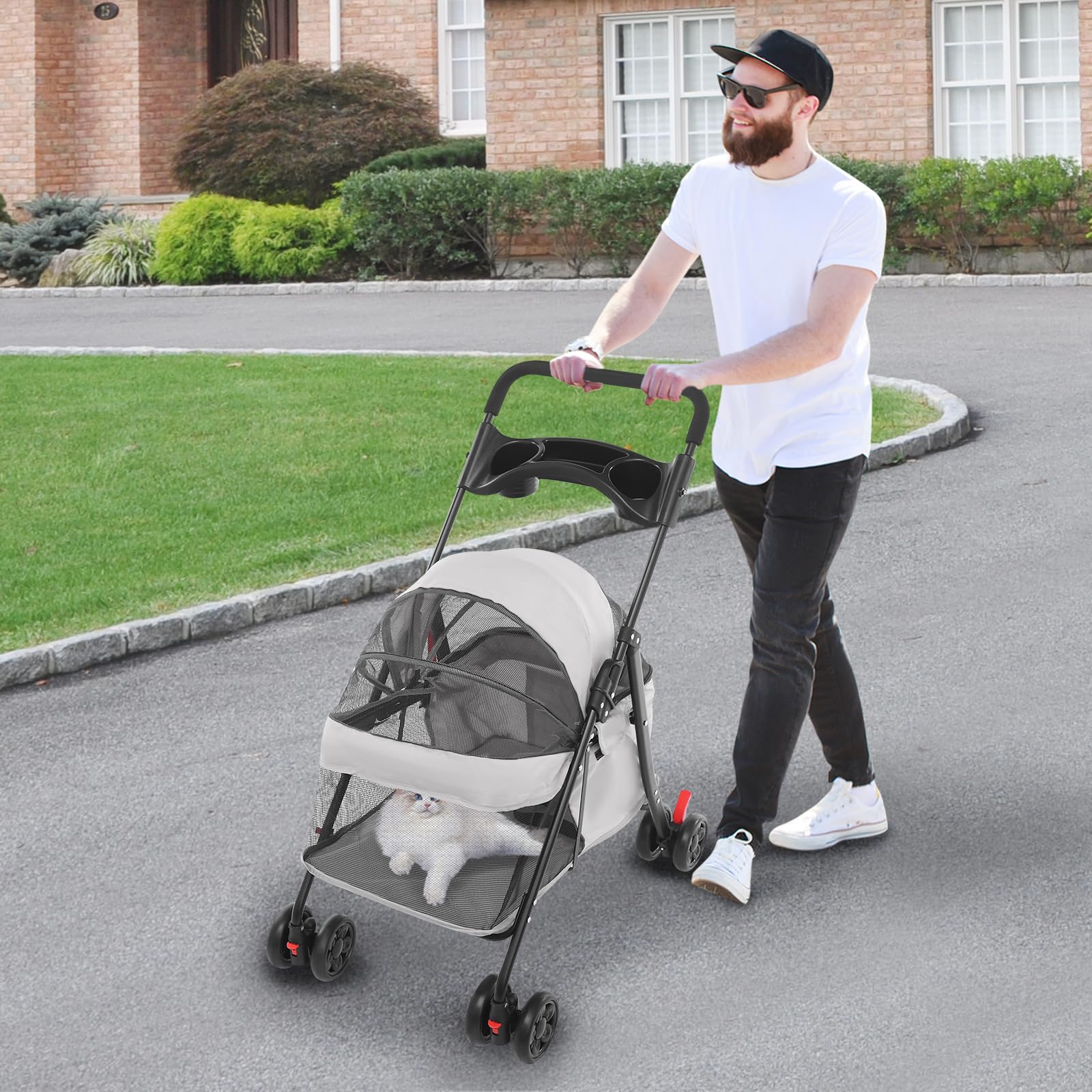 Carrito de viaje para mascotas con 4 ruedas, plegable, capacidad de carga de 40 libras, para perros y gatos pequeños y medianos (gris claro)