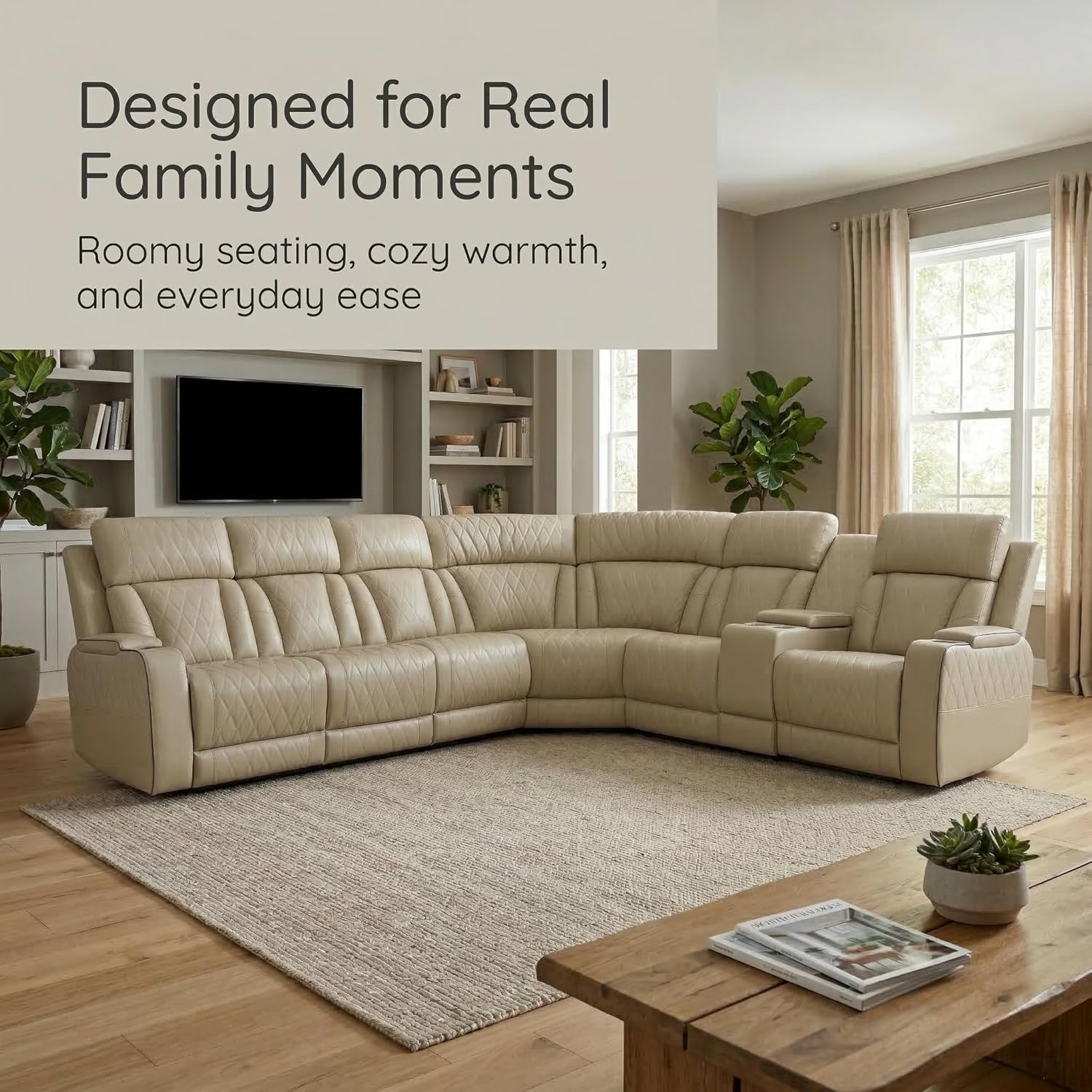 Power Reclining Sectional Sofa, Beige Breathing Leather Recliner Couch with LED Light, Cup Holders, Storage Console, Wireless Charging, USB & Type-C for Living Room Home Theater