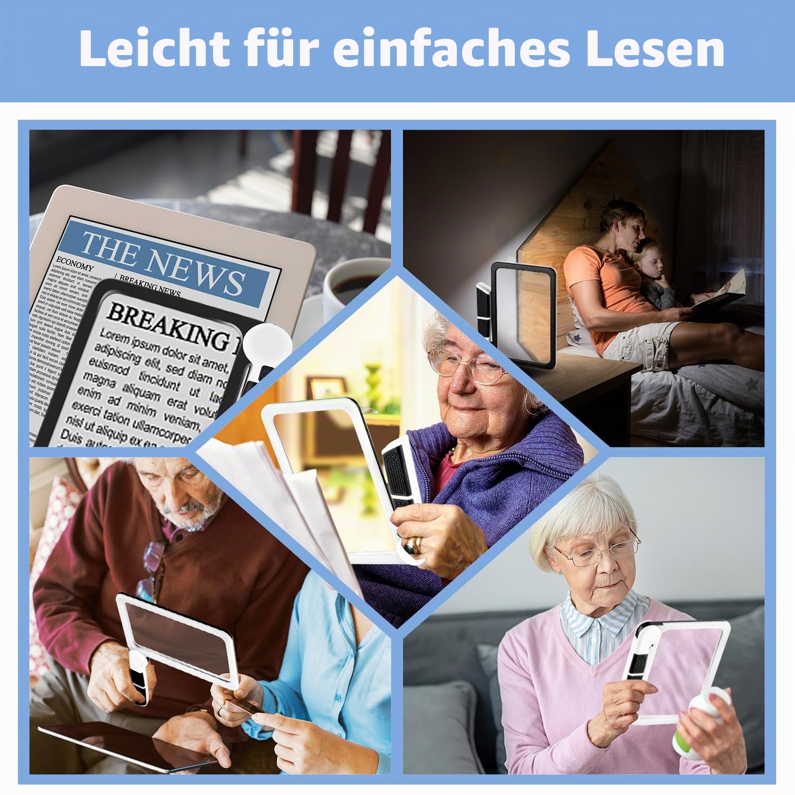 5-fache Lupe mit Licht, Vollseitenlupe zum Lesen, 48 LEDs | Leichte, große Lupe mit blendfreier Linse und 48 LED-Leuchten, ideal für Senioren, Lesen von Büchern mit schwacher Sicht