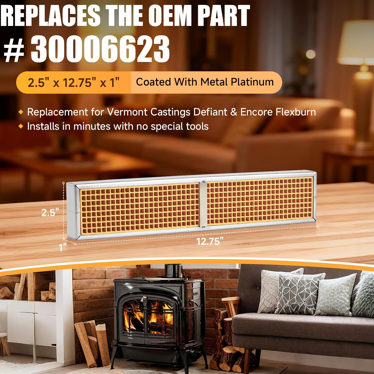 2.5"x12.75"x1" Wood Stove Catalytic Combustor Compatible with Vermont Castings Defiant and Encore Flexburn,Ceramic Catalytic Combustor replacement part number 30006623