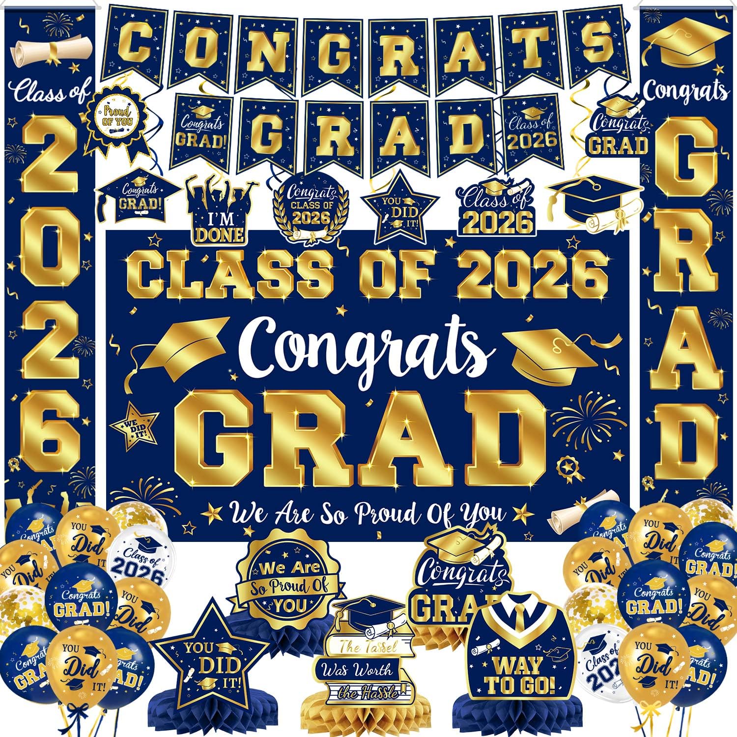 Photo 1 of 2026 Graduation Decorations - Navy Blue and Gold Graduation Decorations Set Congrats Grad Banner & Backdrop, Porch Sign, Hanging Swirls, Balloons, Honeycomb Centerpieces for Congrats Grad Party Decorations