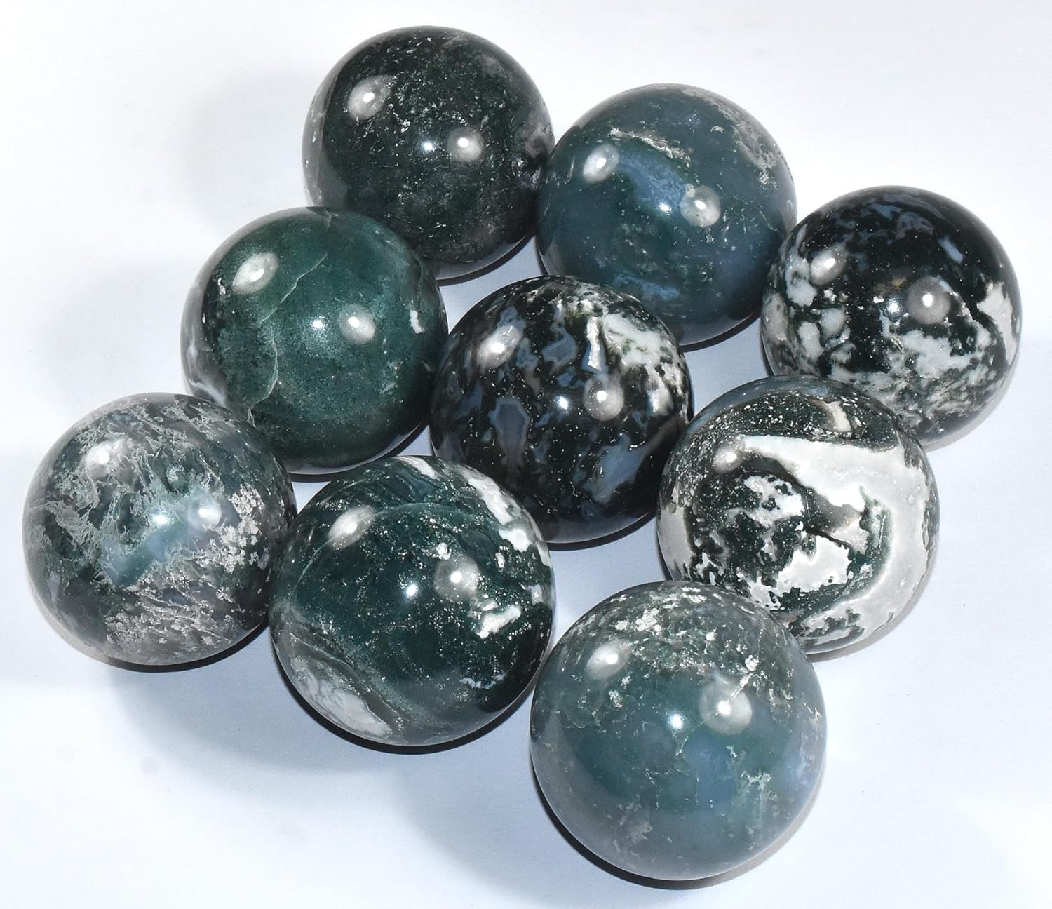Pair 47mm Green Moss Agate Carved Spheres Polished Natural Chalcedony Gemstone Crystal Mineral Collectible Decor Specimen Balls - India + Stand (2PCs)