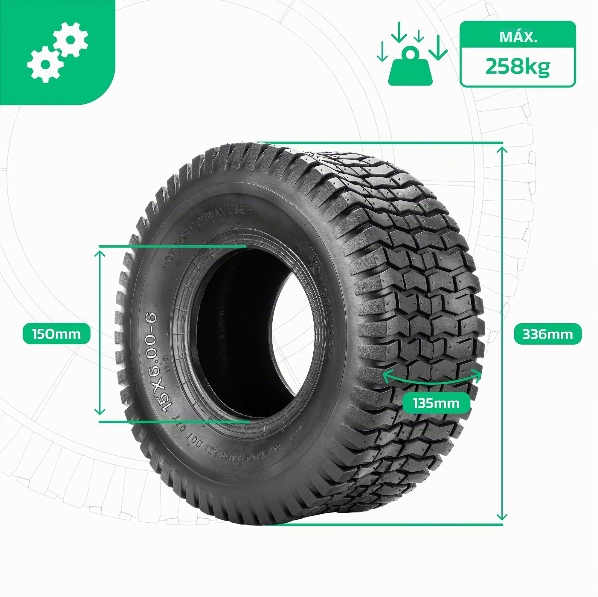 MoovMoov Neumático 15x6.00-6 con Cámara de Aire Incluida - Perfil Turf para Césped NHS - Para Tractor Cortacésped y Remolque de Jardín - Llanta 6 pulgadas