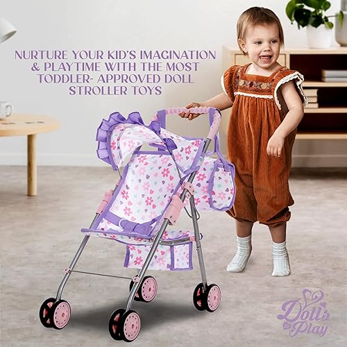 Miniatura 6 de Dolls To Play Cochecito de muñeca de bebé para niñas, juguete de juguete para niños, carrito plegable con toldo cesta de almacenamiento, bolsa de