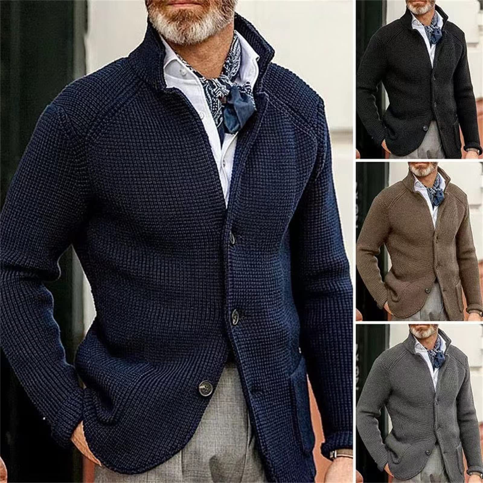 ENENEN Autunno e Inverno Stand Collare da Uomo Cardigan Abito Cappotto Ispessito Maglia Abito Giacca Cappotto