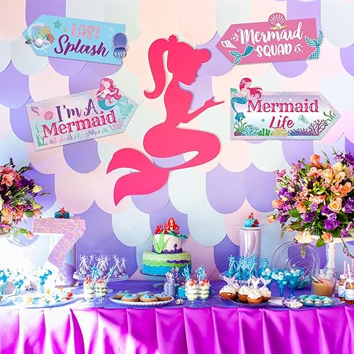 Miniatura 5 de Chinco 20 piezas de decoración de fiesta de cumpleaños de sirena, letrero de fiesta con temática de sirena, decoración de cumpleaños con temática de