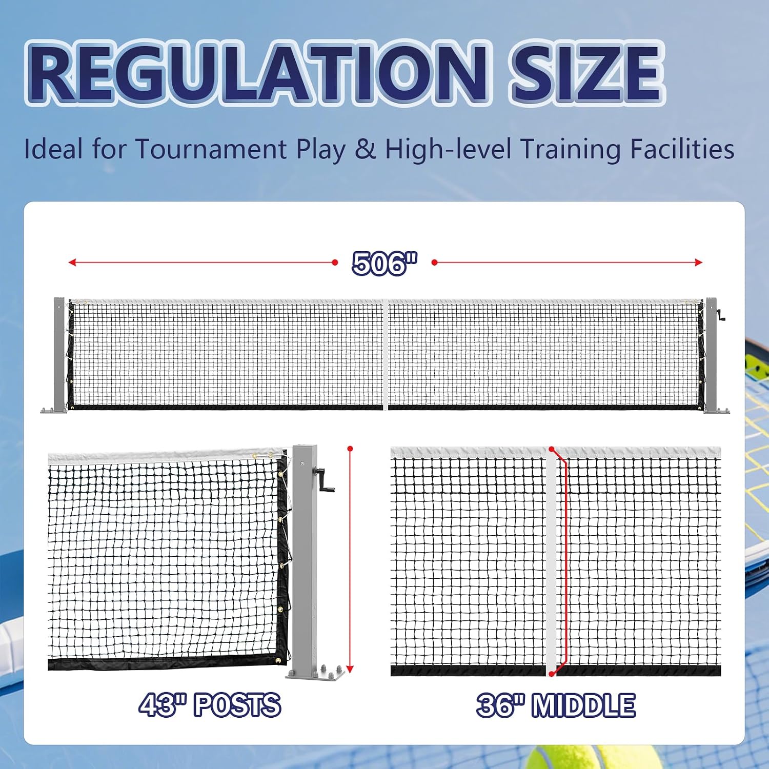 Surface Mount Tennis Net Posts with Heavy Duty Double-Layer Tennis Net, 4'' Square Aluminum Alloy Posts, Unique Built-in Winder Design, ITF Compliant, Sturdy and Durable