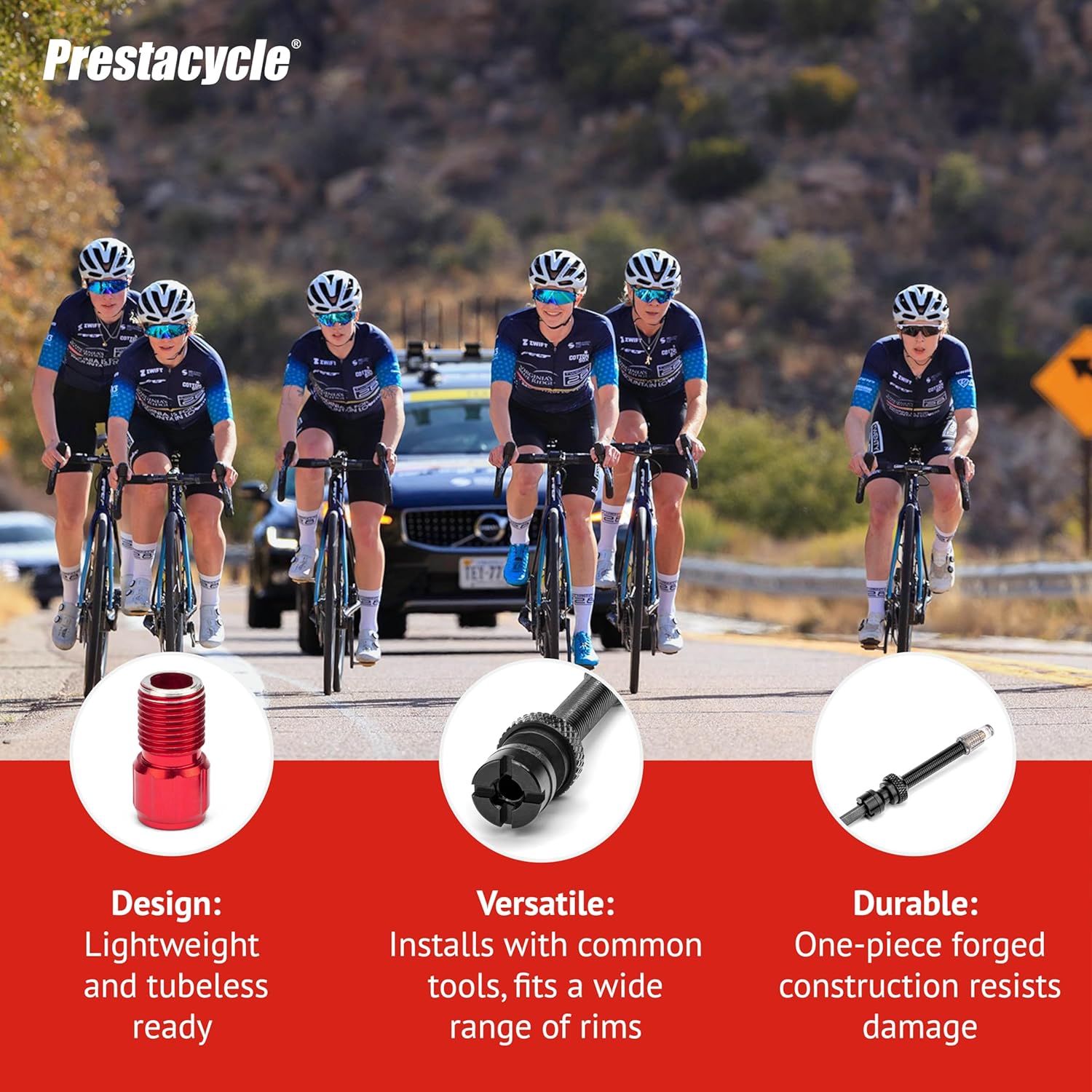 Prestacycle Presta+ 50mm Tubeless Presta Valves, Patented 5-Way Airflow Design, High-Flow No Clog Valve Stem, Fits Tubeless Bike Tires – 2 Valves + Prestadapter Tool